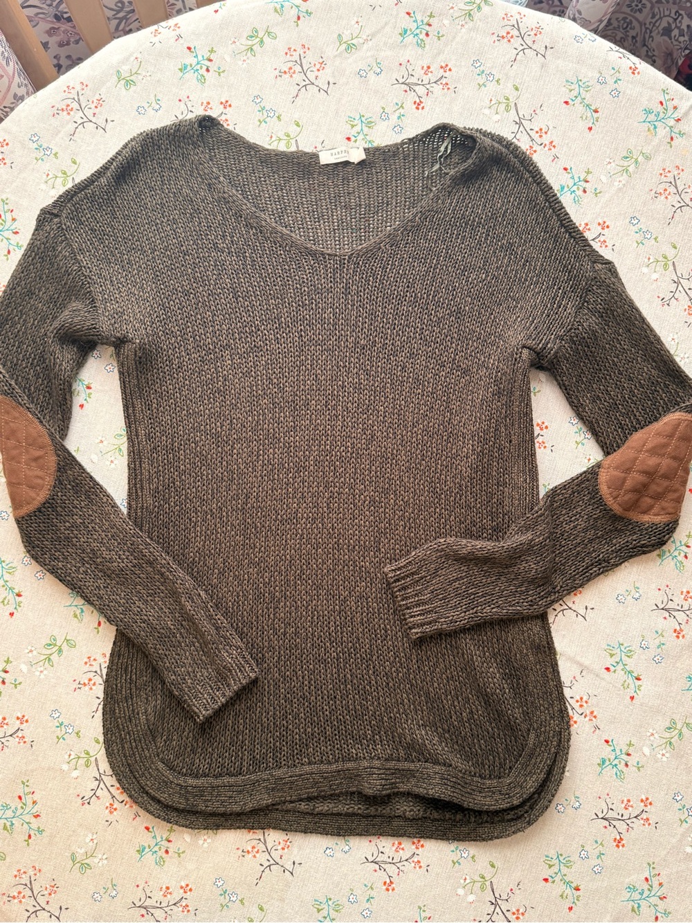 Women’s Brown Scoop-Neck Sweater with Quilted Elbow Patches